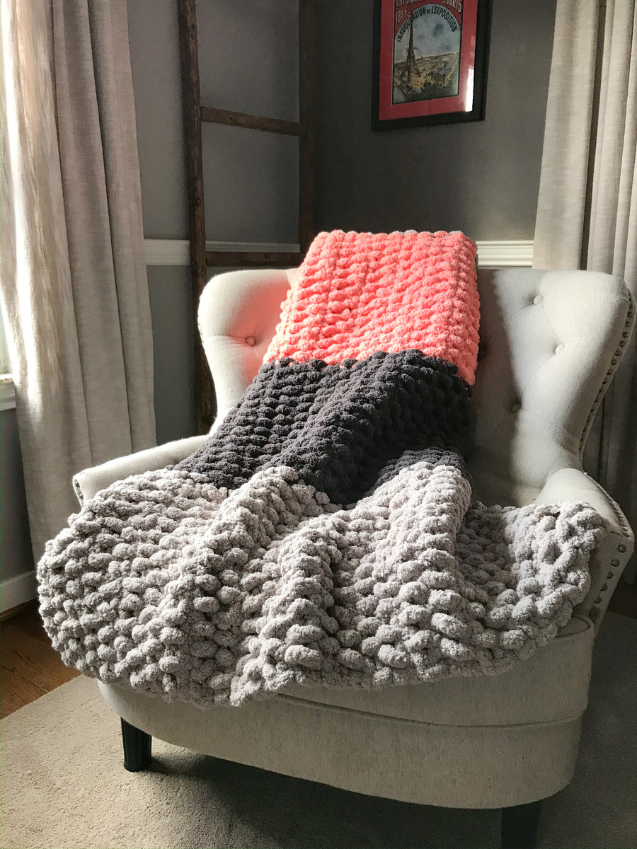 Chunky Knit Blanket  Coral and Gray Striped Throw – Hands On For Homemade