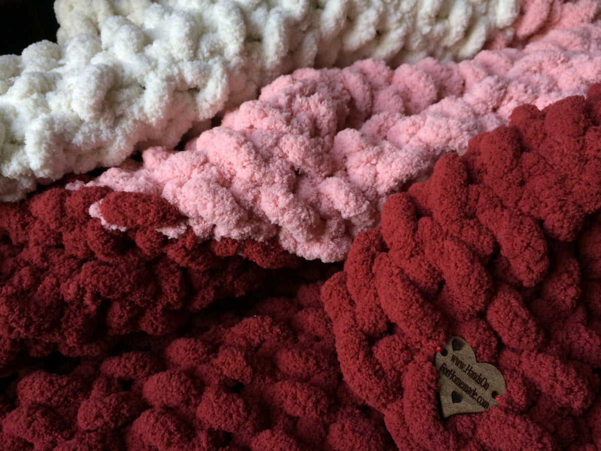 Chunky Knit Throw Blanket Red Pink and White Knit Throw Hands