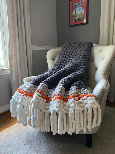 Chunky Knit Fringe Blanket | Gray and Orange Knit Throw - Hands On For Homemade